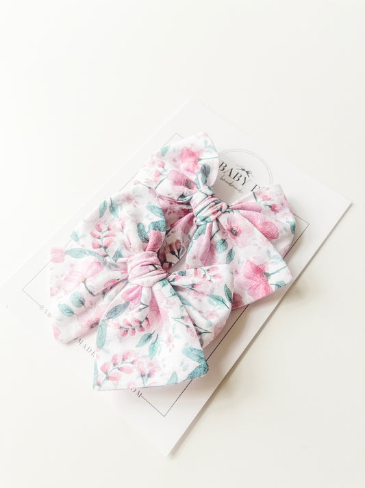 Pink Watercolour Floral Pigtail Bows
